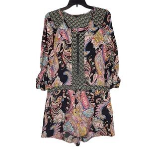 LovPosh Pink Black Paisley Romper Button up 3/4 Sleeves size S